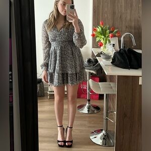 black and white flower patterned ruffled dress